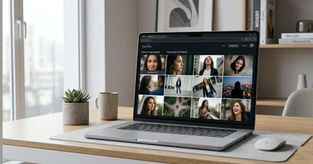 Gemini AI interface on laptop screen showing photo upload and 12-angle grid result