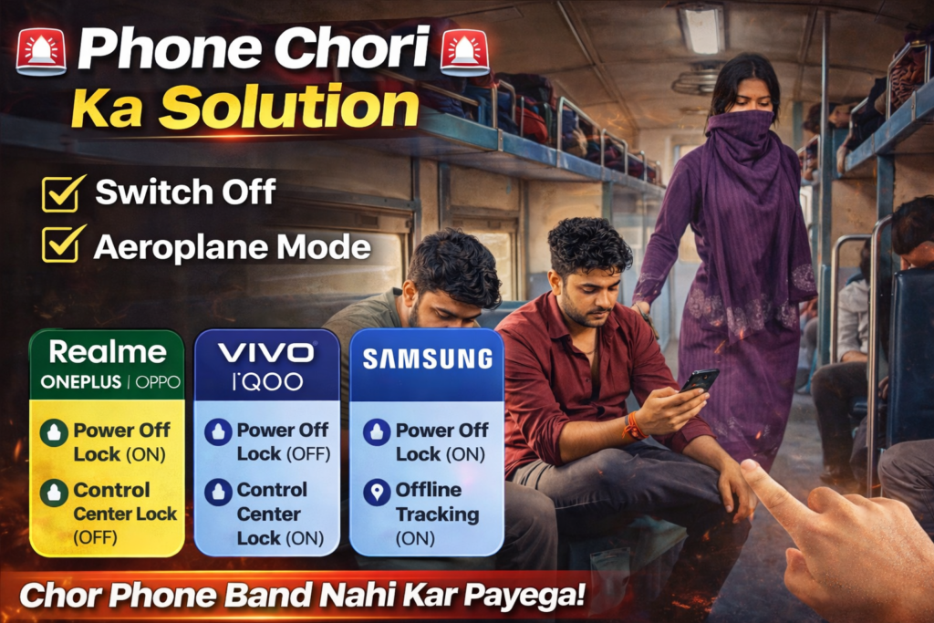 showing two men using smartphones inside a train while a suspicious woman stands behind them, with bold text about phone theft solution and security settings to stop thieves from switching off the phone.