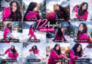 Woman in pink winter jacket shown in 12 different camera angles collage in snowy mountain background