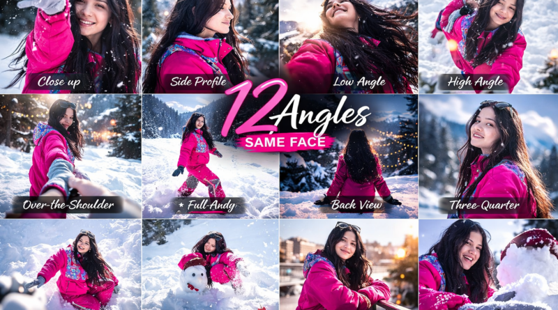 Woman in pink winter jacket shown in 12 different camera angles collage in snowy mountain background