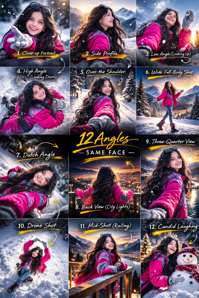 Woman in pink winter jacket shown in 12 different camera angles collage in snowy mountain background