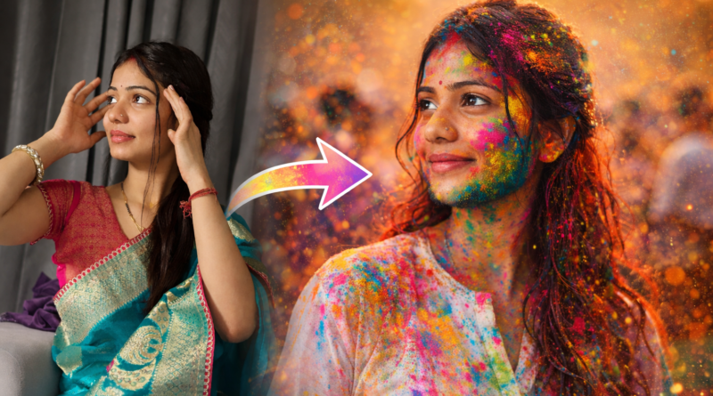 Side by side before and after AI Holi image transformation showing normal portrait and colorful gulal festival edit
