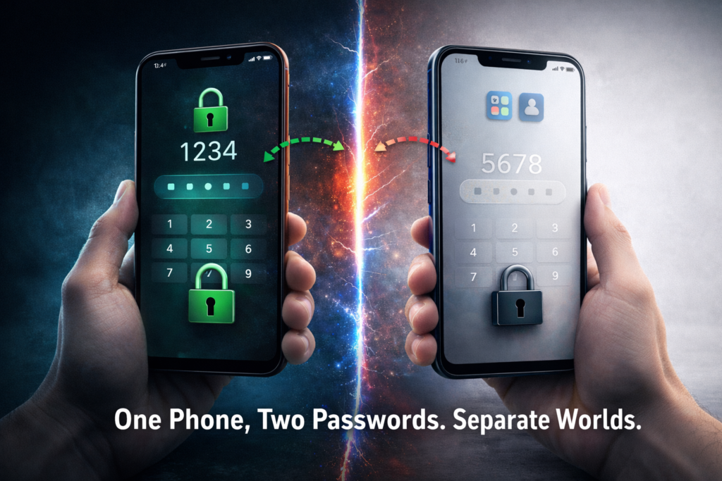 System Cloner Feature – Fake Phone vs Real Private Phone Comparison Side by side comparison showing fake empty phone with wrong password and real private phone unlocked with correct password using System Cloner feature