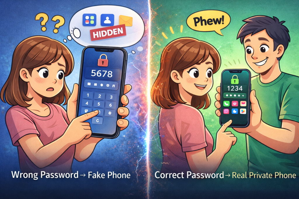 Hidden Apps Protection with System Cloner Feature on Android Cartoon digital artwork showing hidden apps protected behind different phone password using System Cloner
