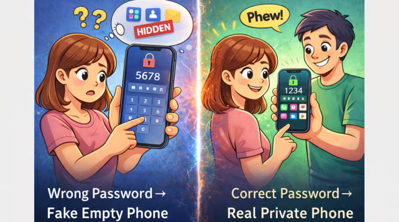 Digital thumbnail showing secret private phone unlocked with correct password and fake phone shown with wrong password