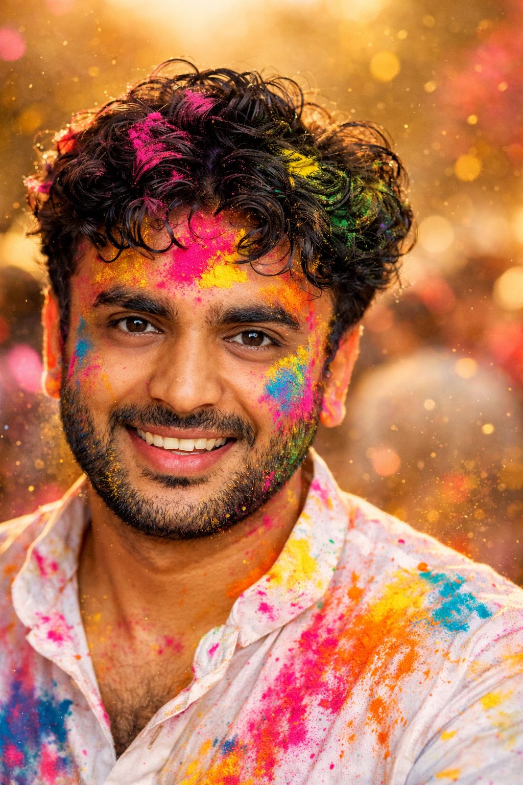 AI generated Holi festival portrait of a smiling Indian man with colorful gulal powder on face, beard and white kurta, golden hour lighting, ultra realistic 8K