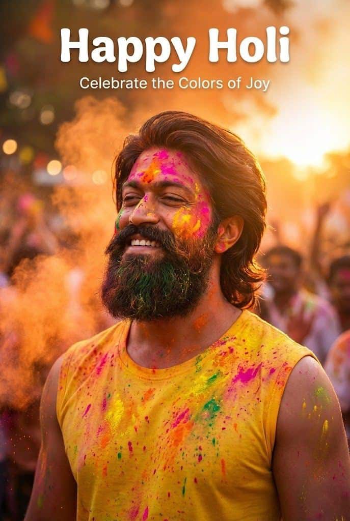 Hyper realistic AI Holi image of bearded man wearing yellow sleeveless t-shirt covered in vibrant colors with Happy Holi festival background