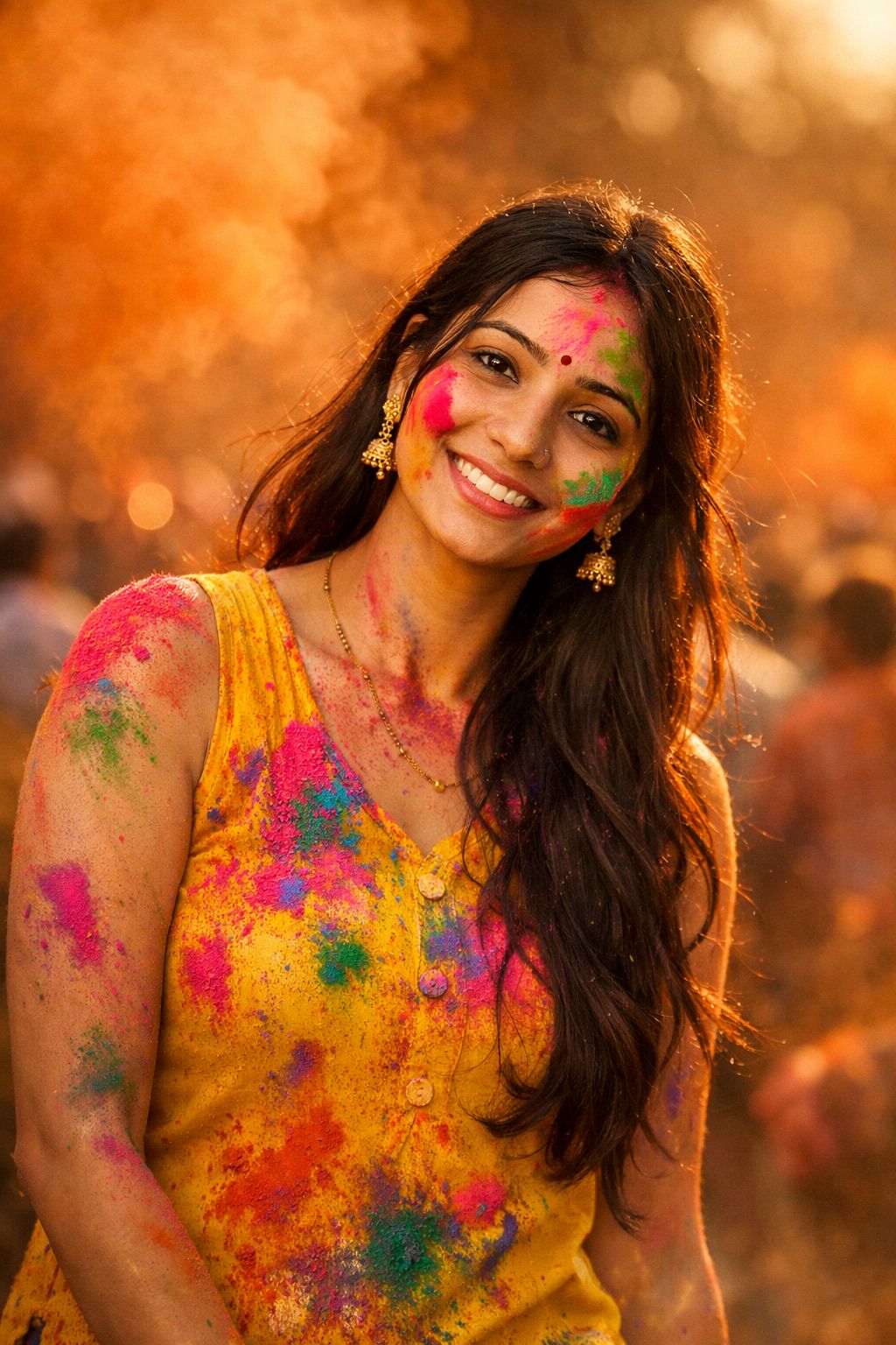 Cinematic AI generated Holi portrait of young woman in yellow kurti covered in pink blue and orange gulal powder, warm golden lighting