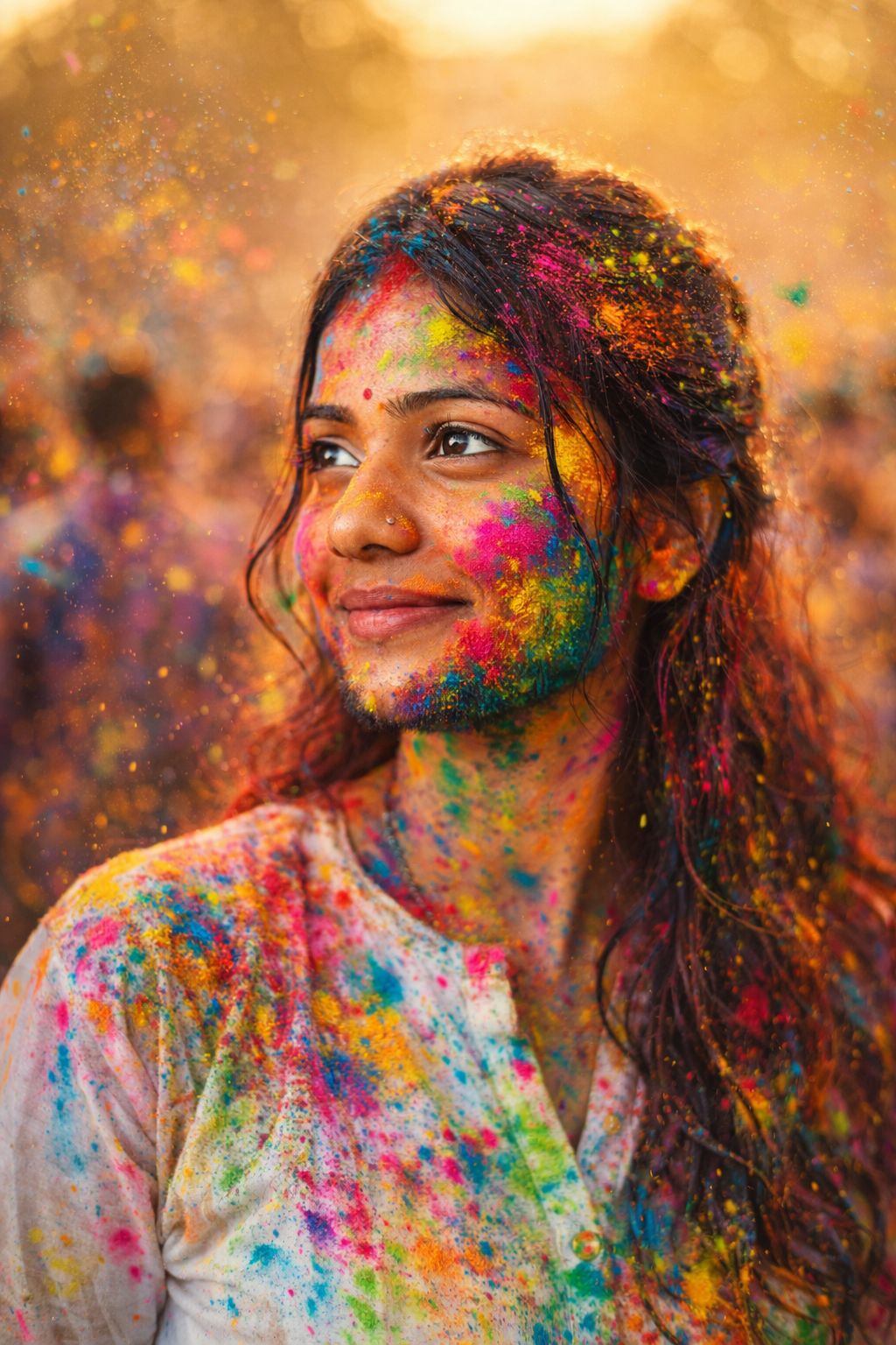 Ultra realistic AI Holi portrait of young woman with colorful powder on face and hair, cinematic lighting, shallow depth of field, festival background