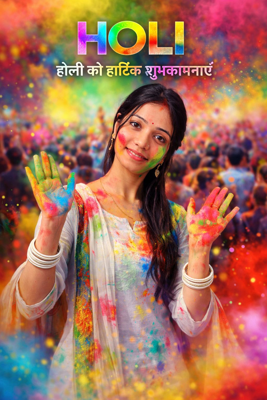 AI generated Holi greeting poster with young girl showing colorful hands and Hindi text Holi Ki Hardik Shubhkamnayein, vibrant festival background
