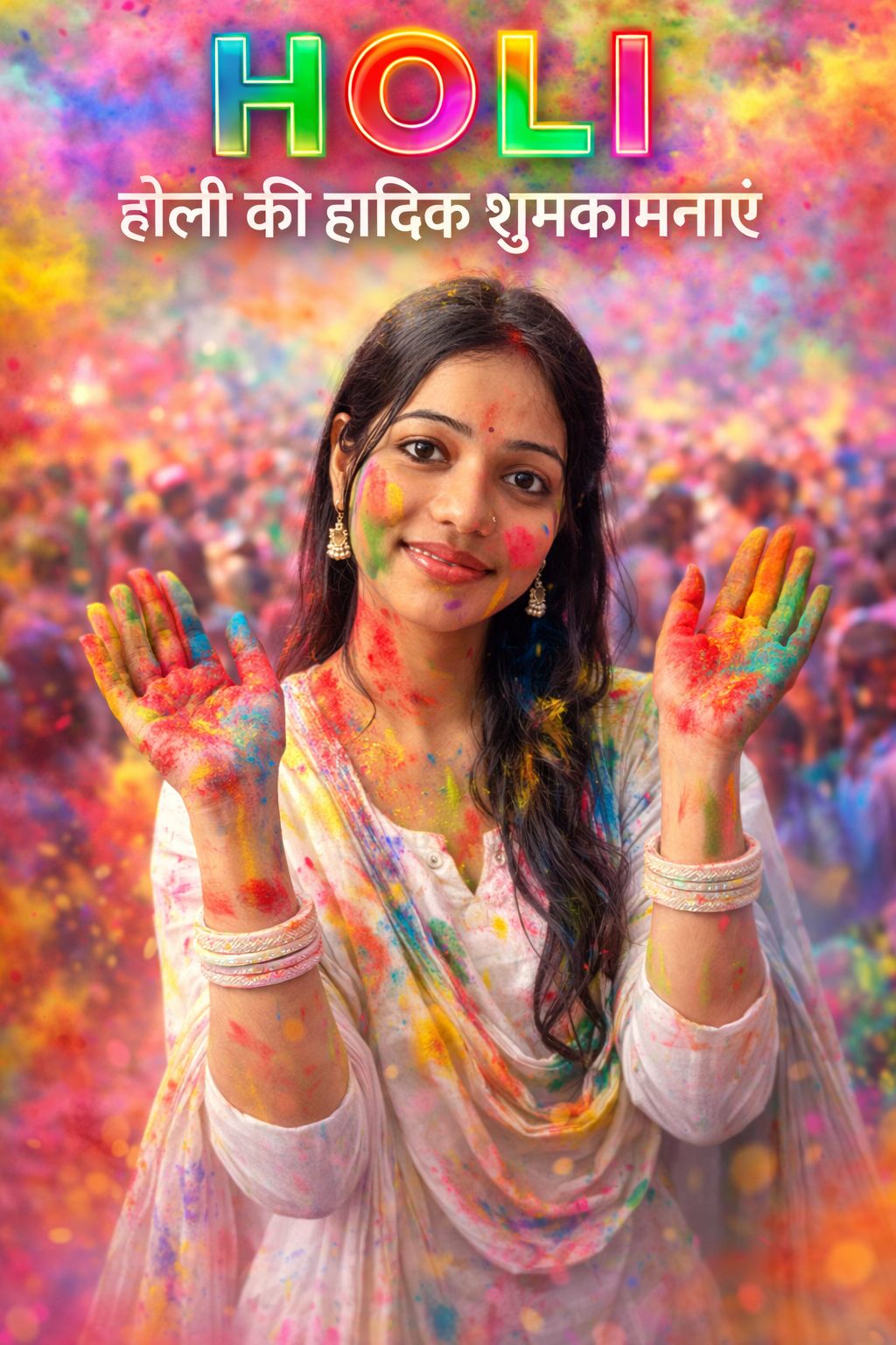 AI Holi festival poster image with colorful gulal on girl face and hands, bold HOLI text and Hindi festive wishes in background
