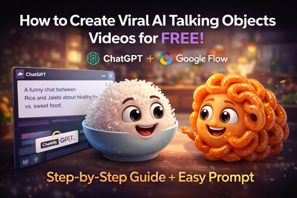 AI Talking Objects Video Creation Using ChatGPT and Google Flow 3D animated banana and peach characters talking with microphone and laptop demonstrating AI talking objects video creation using ChatGPT and Google Flow