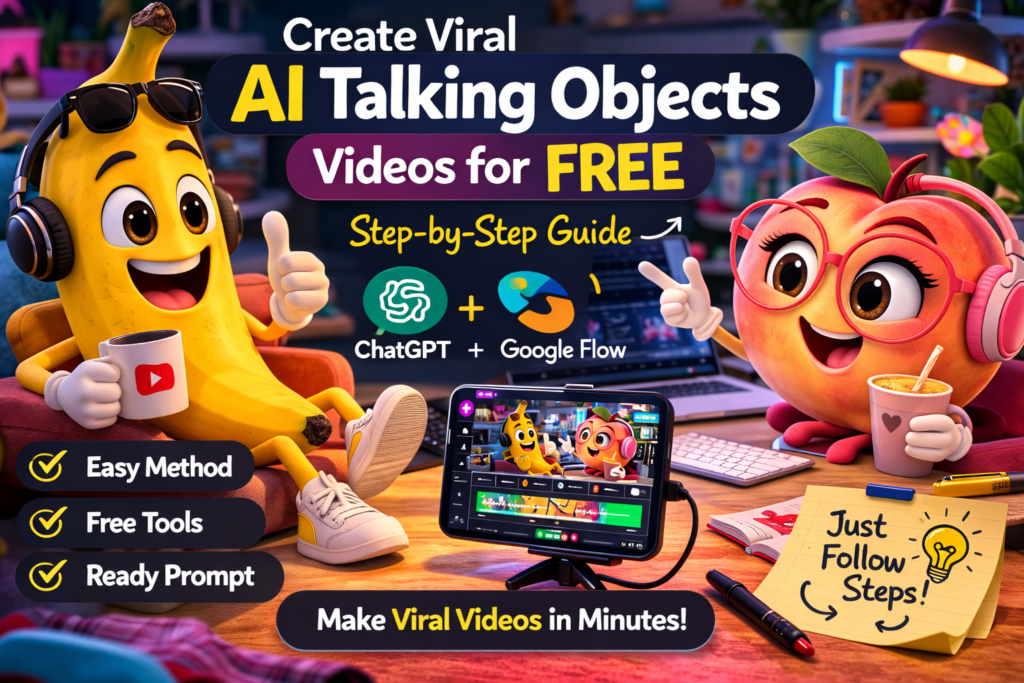 Create Viral AI Talking Objects Videos for Free cartoon banana and peach characters creating viral AI talking object videos using ChatGPT and Google Flow step by step guide