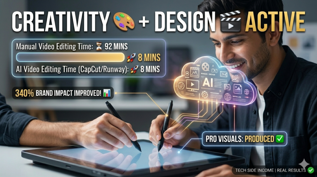 A close-up high-energy, high-end creative photograph capturing a generic artist (wearing a modern dark creative casual shirt, image_50.png style, looking Energetic and smiling, 🤯) deeply focused, interacting with a sleek, black professional creative stylus on a large, glowing interactive tablet (image_47.png style). Floating above the tablet is a translucent, holographic cloud (image_35.png style) composed of integrated icons and text, connected by glowing orange, gold, and purple lines, illustrating advanced creative output. Large sans-serif white and gold typography across the top reads: 'CREATIVITY 🎨 + DESIGN 🎬 ACTIVE'. Below it, a specific holographic bar graphic compares 'Manual Video Editing Time: ⏳ 92 MINS' to 'AI Video Editing Time (CapCut/Runway): 🚀 8 MINS'. Data points show '340% BRAND IMPACT IMPROVED! 📊' and 'PRO VISUALS: PRODUCED ✅'. The generic artist is deeply concentrated, looking towards the tablet screen. No regional text is used. Clean, technical, and solution-oriented scene optimized for desitech.ai. No specific branding is legible.