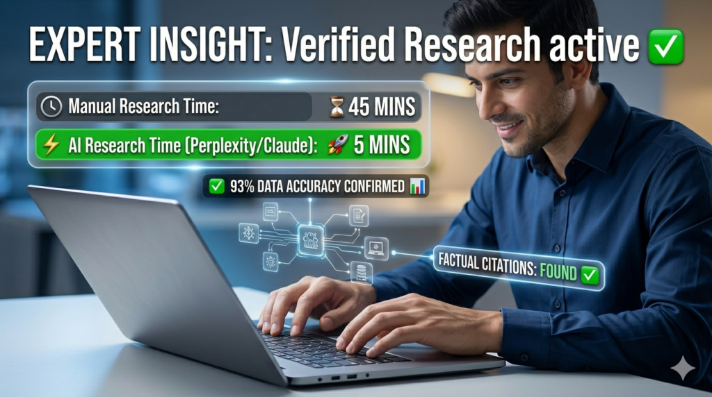 A close-up cinematic photograph capturing a concentrated professional (generic features, distinct from image_50.png style) typing on a sleek, silver and gray high-resolution laptop (image_47.png style). Above the laptop, a translucent, holographic data hub (image_35.png style) actively floats, composed of integrated icons and text, connected by glowing blue and silver lines, illustrating advanced research tasks. Large clean white typography across the top reads: 'EXPERT INSIGHT: Verified Research active ✔'. Below it, a specific holographic bar graphic compares 'Manual Research Time: ⏳ 45 MINS' to 'AI Research Time (Perplexity/Claude): 🚀 5 MINS'. Dynamic data points show '93% DATA ACCURACY CONFIRMED 📊' and 'FACTUAL CITATIONS: FOUND ✅'. The professional is deeply concentrated, looking towards the laptop screen. No regional text is used. Clean, technical, and solution-oriented scene optimized for desitech.ai. No specific branding is legible.