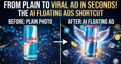 Split-screen comparison showing a plain Red Bull can photo on the left and a cinematic AI-generated floating advertisement with wings and lightning effects on the right, featuring ChatGPT, Gemini, and Google Flow logos.