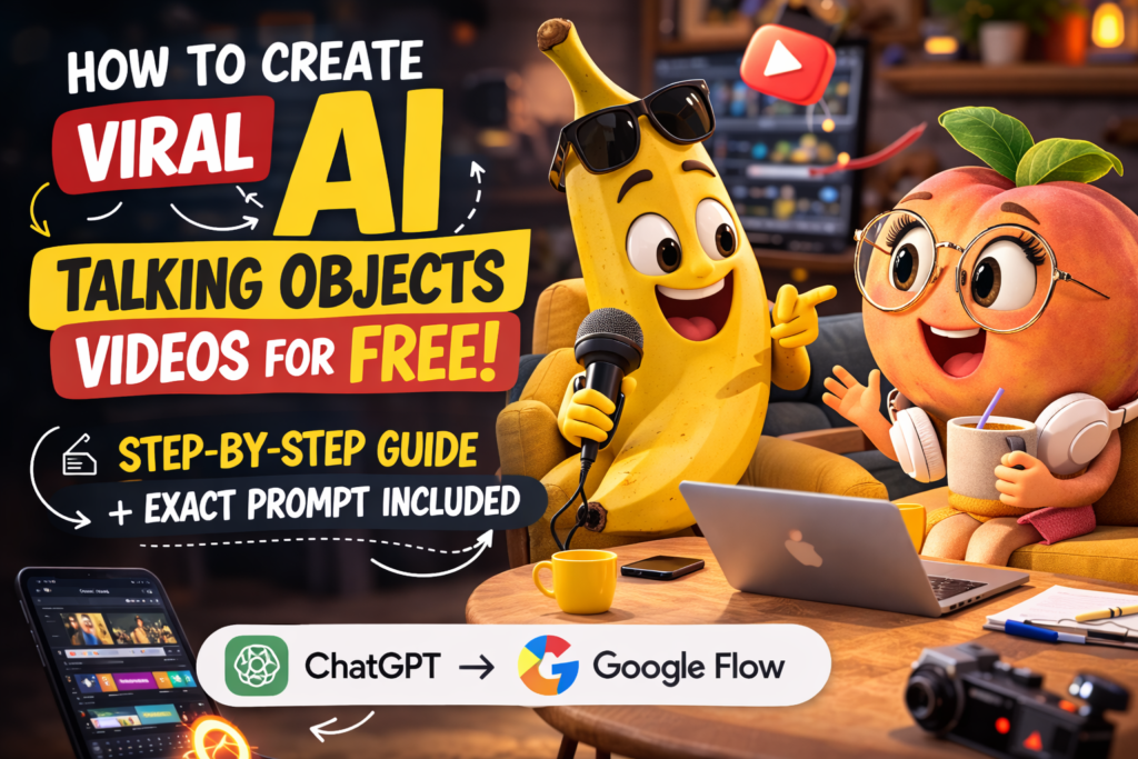 Step-by-Step Guide to Create AI Talking Objects Videos 3D animated banana and peach characters recording a talking object video with editing screen and AI tools for viral social media content