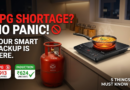 A split-screen comparison on desitech.ai with a red LPG cylinder labeled 'SYSTEM OFFLINE' on the left and a smart Induction Cooktop labeled 'SYSTEM ONLINE' on the right. Large text at the top says 'YOUR SMART BACKUP IS HERE'. A green infographic bar compares non-financial metrics like 'AVAILABILITY: LOW setup slow TRANSPORT: bulky' (LPG) vs. 'AVAILABILITY: STEADY setup instant TRANSPORT: portable' (Induction). A governmental helpline number is included. Optimized for reliable backup solutions in Indian households facing gas shortages. Avg. figures.