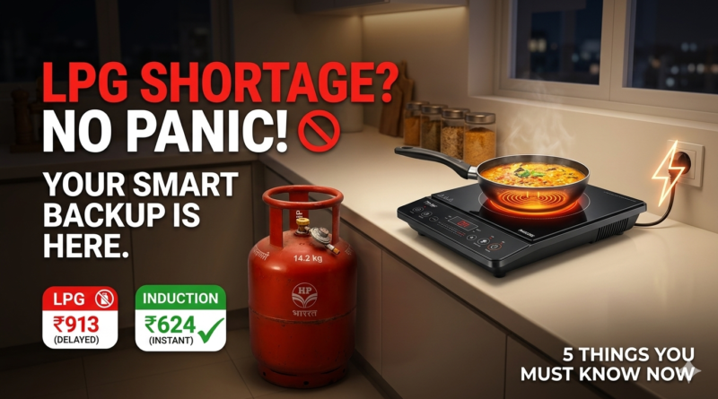 A split-screen comparison on desitech.ai with a red LPG cylinder labeled 'SYSTEM OFFLINE' on the left and a smart Induction Cooktop labeled 'SYSTEM ONLINE' on the right. Large text at the top says 'YOUR SMART BACKUP IS HERE'. A green infographic bar compares non-financial metrics like 'AVAILABILITY: LOW setup slow TRANSPORT: bulky' (LPG) vs. 'AVAILABILITY: STEADY setup instant TRANSPORT: portable' (Induction). A governmental helpline number is included. Optimized for reliable backup solutions in Indian households facing gas shortages. Avg. figures.