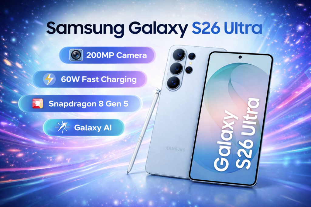 Samsung Galaxy S26 Ultra smartphone showing 200MP camera Snapdragon 8 Gen 5 processor 60W fast charging and Galaxy AI features