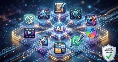 A high-definition cinematic 16:9 featured image optimized for desitech.ai, focusing on a robust AI directory. The text-free composition centers on a 3D translucent multi-layered data hub or grid structure glowing with cool blue, purple, and gold light accents. Ten stylized unique icons representing the 'Top 10 AI Tools for Beginners' are clearly visible and integrated within the hub structure: a stylized brain and lightning bolt; a search icon with interwoven data streams; a quill and scroll with binary code; a magnifying glass over interconnected data nodes; a camera shutter with abstract artistic energy; a cinematic film strip with a pulsing play button; a rocket and smartphone; a stack of organized folders and data blocks; a grammar check mark over a pen; and a stylized office productivity icon. Each icon is rendered with unique, non-branded visual elements. A central, glowing 'AI' core with a network effect connects to all ten icons via dynamic energy lines. In the bottom right corner, a subtle, official-looking shield badge features 'Verified Productivity Method' with a large green checkmark. A soft atmospheric blue and gold glow creates depth. No generic stock elements are included. No specific branding is legible.