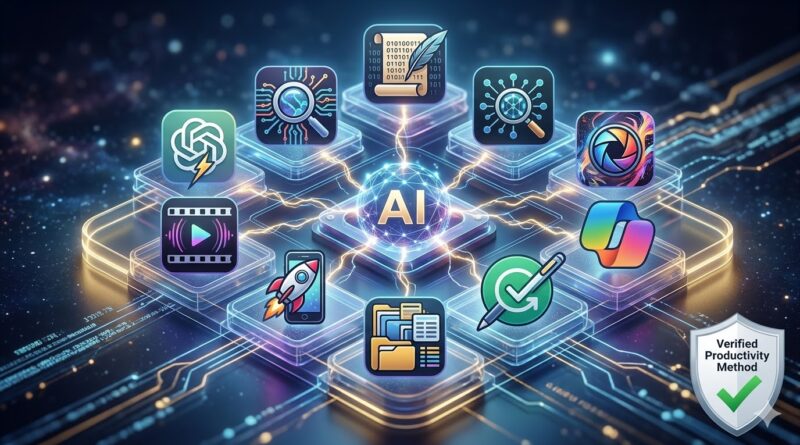 A high-definition cinematic 16:9 featured image optimized for desitech.ai, focusing on a robust AI directory. The text-free composition centers on a 3D translucent multi-layered data hub or grid structure glowing with cool blue, purple, and gold light accents. Ten stylized unique icons representing the 'Top 10 AI Tools for Beginners' are clearly visible and integrated within the hub structure: a stylized brain and lightning bolt; a search icon with interwoven data streams; a quill and scroll with binary code; a magnifying glass over interconnected data nodes; a camera shutter with abstract artistic energy; a cinematic film strip with a pulsing play button; a rocket and smartphone; a stack of organized folders and data blocks; a grammar check mark over a pen; and a stylized office productivity icon. Each icon is rendered with unique, non-branded visual elements. A central, glowing 'AI' core with a network effect connects to all ten icons via dynamic energy lines. In the bottom right corner, a subtle, official-looking shield badge features 'Verified Productivity Method' with a large green checkmark. A soft atmospheric blue and gold glow creates depth. No generic stock elements are included. No specific branding is legible.