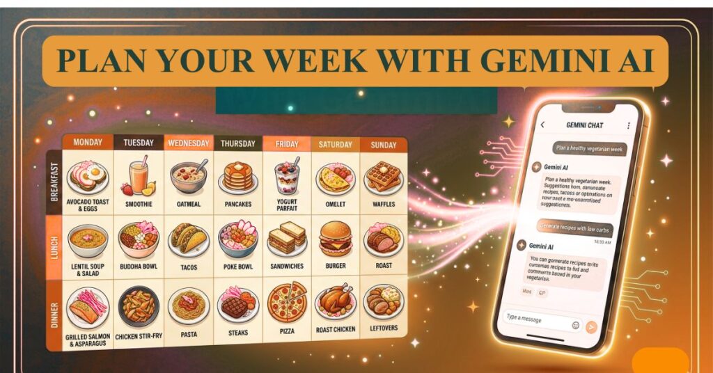 Weekly meal plan generated by Gemini AI showing 7 days of breakfast lunch and dinner with a shopping list