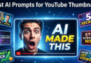 AI-generated YouTube thumbnail showing a shocked face and bold text inside a glowing thumbnail frame surrounded by different thumbnail style examples including before after split number and text formats