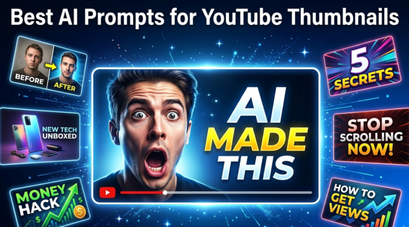 AI-generated YouTube thumbnail showing a shocked face and bold text inside a glowing thumbnail frame surrounded by different thumbnail style examples including before after split number and text formats