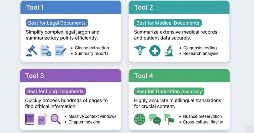 Comparison cards showing four AI tools for document simplification including best tools for legal medical long and foreign language documents