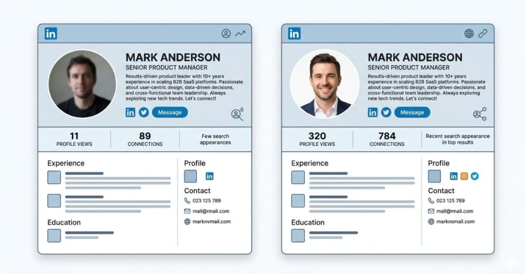 Two LinkedIn profile cards side by side showing how a professional headshot generates more profile views than a casual photo