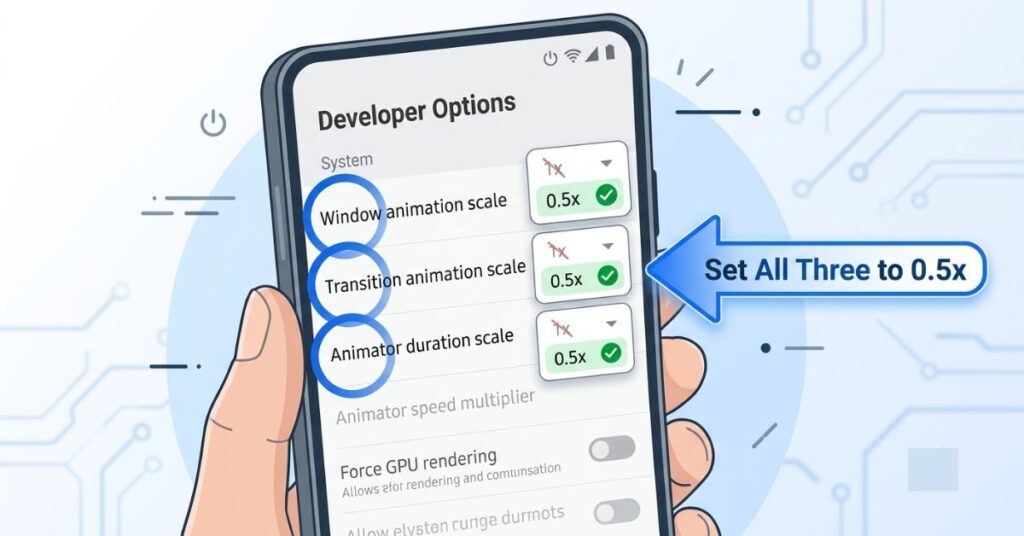Android Developer Options screen showing Window Animation Scale Transition Animation Scale and Animator Duration Scale all changed from 1x to 0.5x to speed up phone