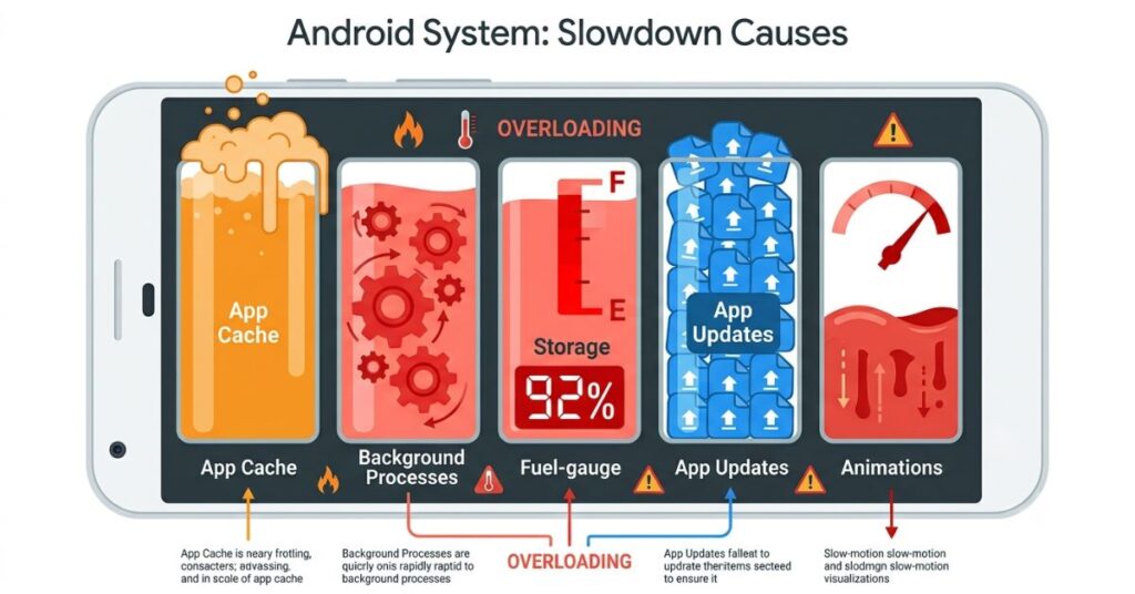 Transparent Android phone cutaway showing overflowing app cache background processes full storage and slow animations as the real causes of performance slowdown