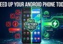 Slow Android phone on left showing full storage and lag compared to fast clean Android phone on right after speeding up without factory reset