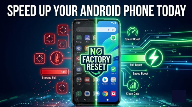 Slow Android phone on left showing full storage and lag compared to fast clean Android phone on right after speeding up without factory reset