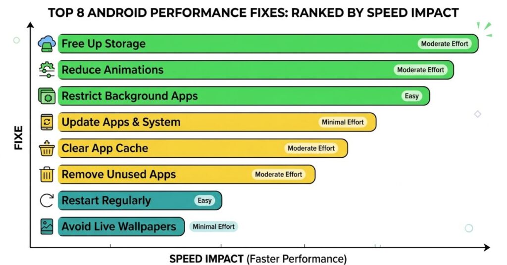 Bar chart comparing eight Android performance fixes by speed impact showing free up storage reduce animations and restrict background apps as highest impact solutions