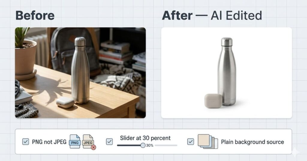 Before and after comparison of a product photo showing a cluttered background removed using AI editing tools with clean white background result