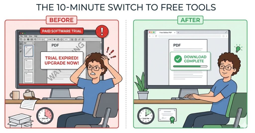 Before and after illustration showing a person frustrated with a paid PDF software trial compared to calmly using a free browser-based PDF tool
