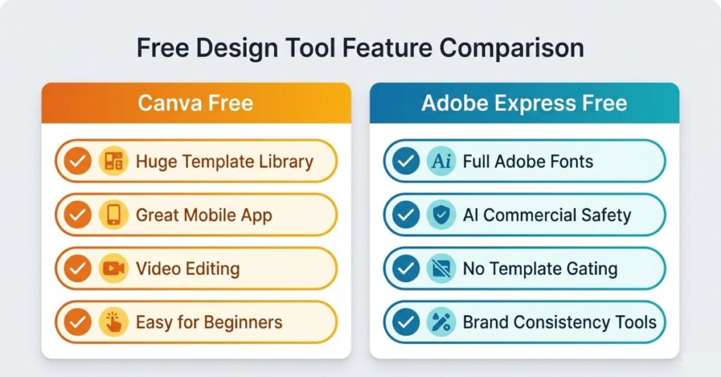 Feature comparison badges showing Canva free tier strengths including template library and mobile app versus Adobe Express free tier strengths including Adobe Fonts and AI commercial safety