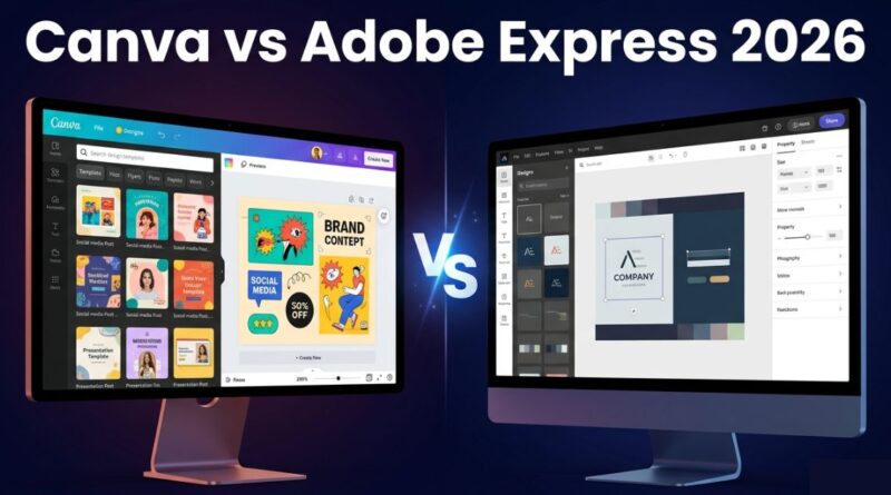 Canva versus Adobe Express 2026 comparison showing two free design tool interfaces side by side with different design philosophies