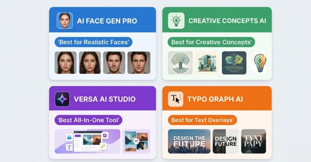 Comparison cards for four AI thumbnail creation tools showing Adobe Firefly for realistic faces Google Gemini for creative concepts Microsoft Designer as all-in-one and Canva for text overlays