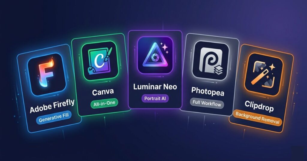 Comparison infographic showing five AI photo editing tools — Adobe Firefly, Canva, Luminar Neo, Photopea, and Clipdrop, with their standout features highlighted