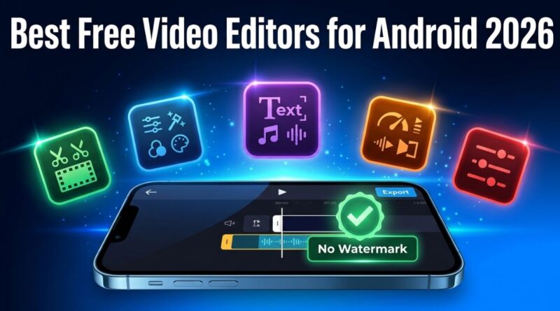 Five best free Android video editing apps in 2026 with no watermark shown as glowing icons on a smartphone export screen