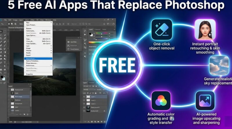 Five free AI photo editing apps shown as modern alternatives to Photoshop in 2026 with a comparison of traditional versus AI-powered editing