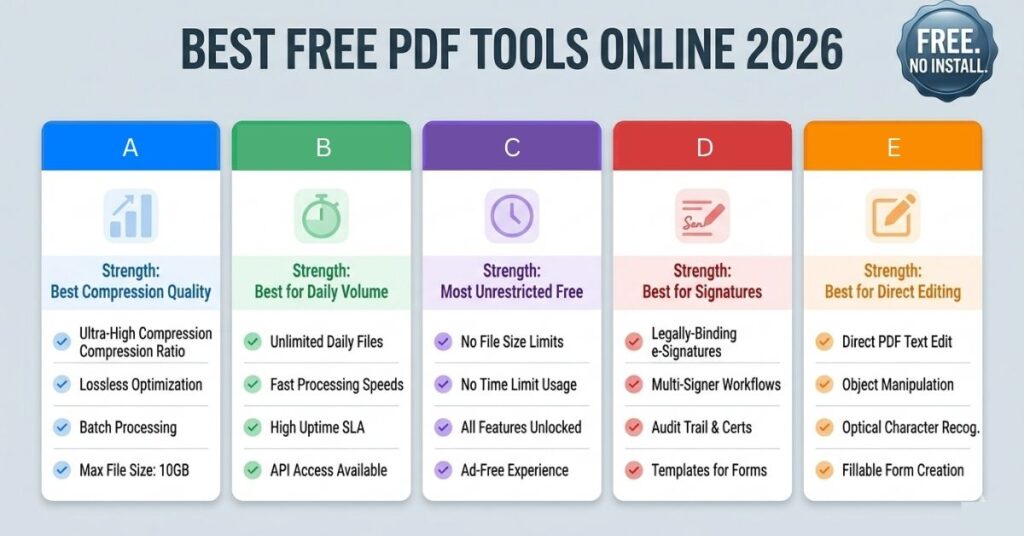 Five free PDF tool comparison cards showing Smallpdf ILovePDF PDF24 Adobe Acrobat Online and Sejda with their individual strengths highlighted