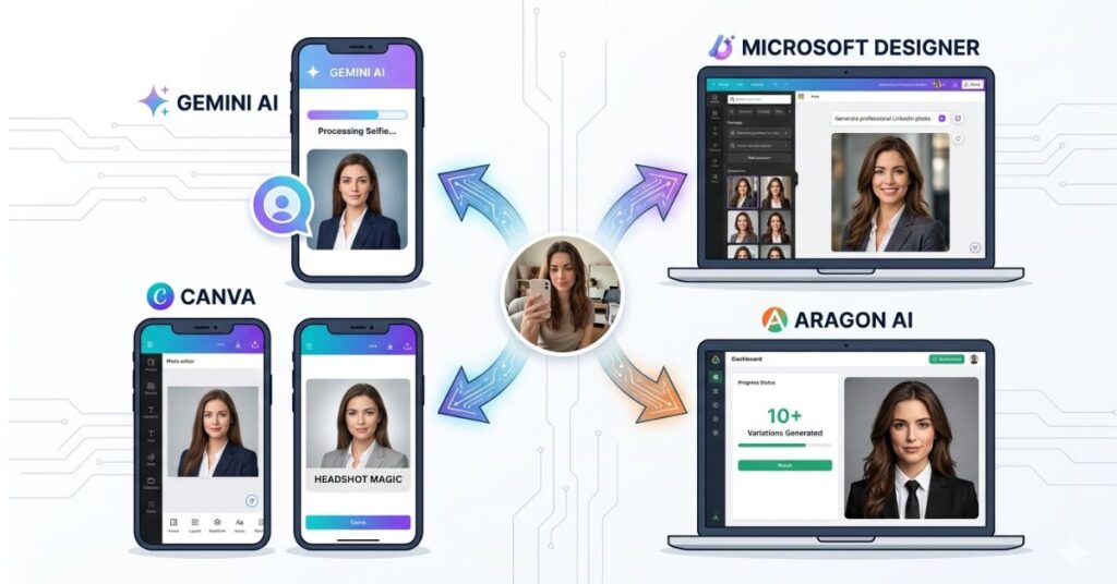 Four AI headshot tools shown side by side, Gemini AI, Microsoft Designer, Canva and Aragon AI each generating a professional headshot from a selfie