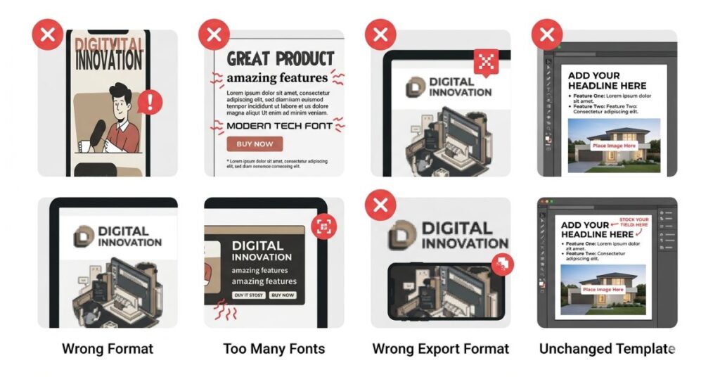 Four common design mistakes illustrated including wrong aspect ratio too many fonts wrong export format and publishing an unchanged template