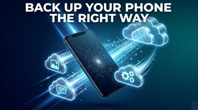 Smartphone falling with a cracked screen while glowing cloud icons save photos messages and settings to Google Drive backup before data is lost