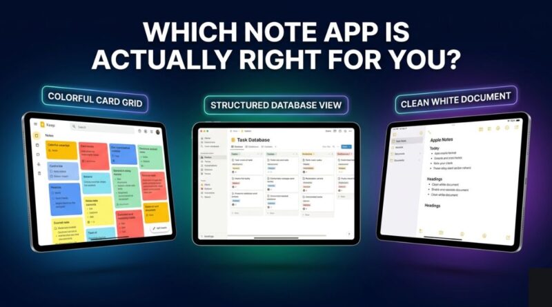 Google Keep vs Notion vs Apple Notes comparison showing three different note-taking interfaces for three different types of users in 2026