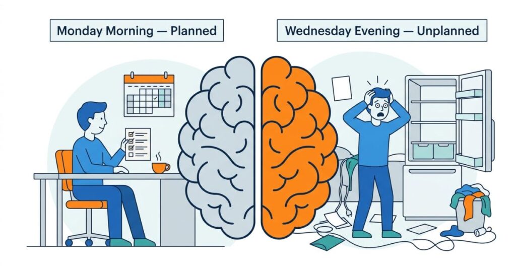 Illustration comparing a calm planned weekday morning versus a stressful unplanned Wednesday evening showing decision fatigue